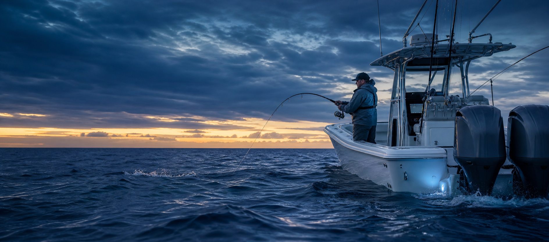 Offshore sportfishing boat running into open ocean